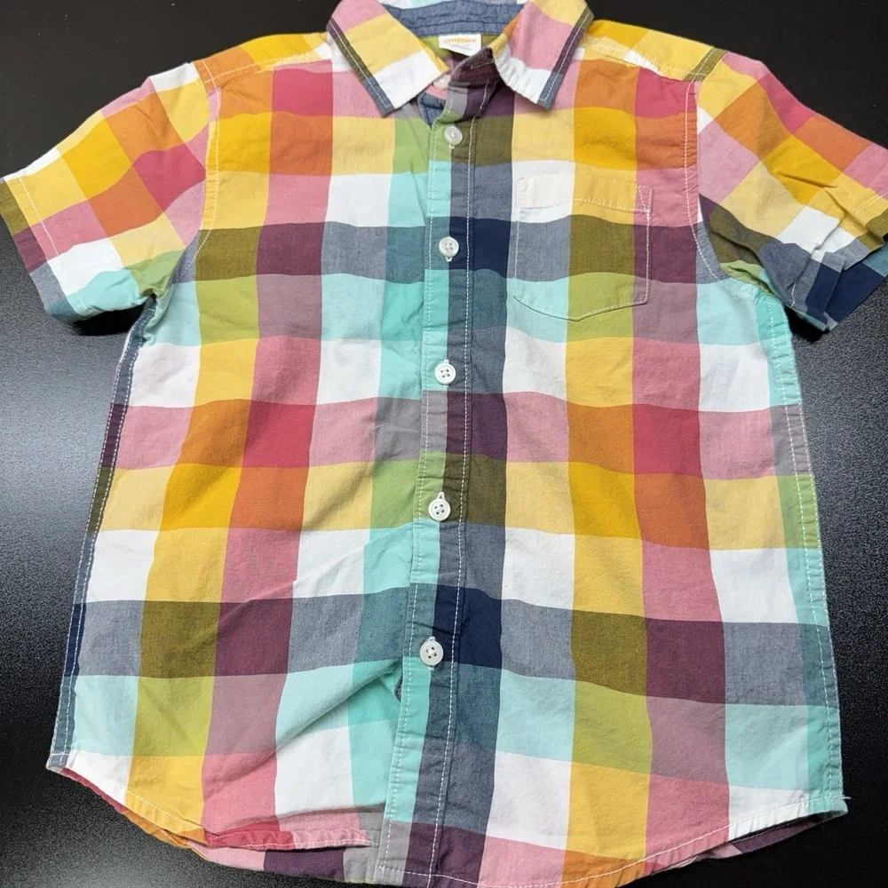 Gymboree Boys Rock Yellow‎ Blue Magenta Checkered Shirt Size S 5/6 Short Sleeve